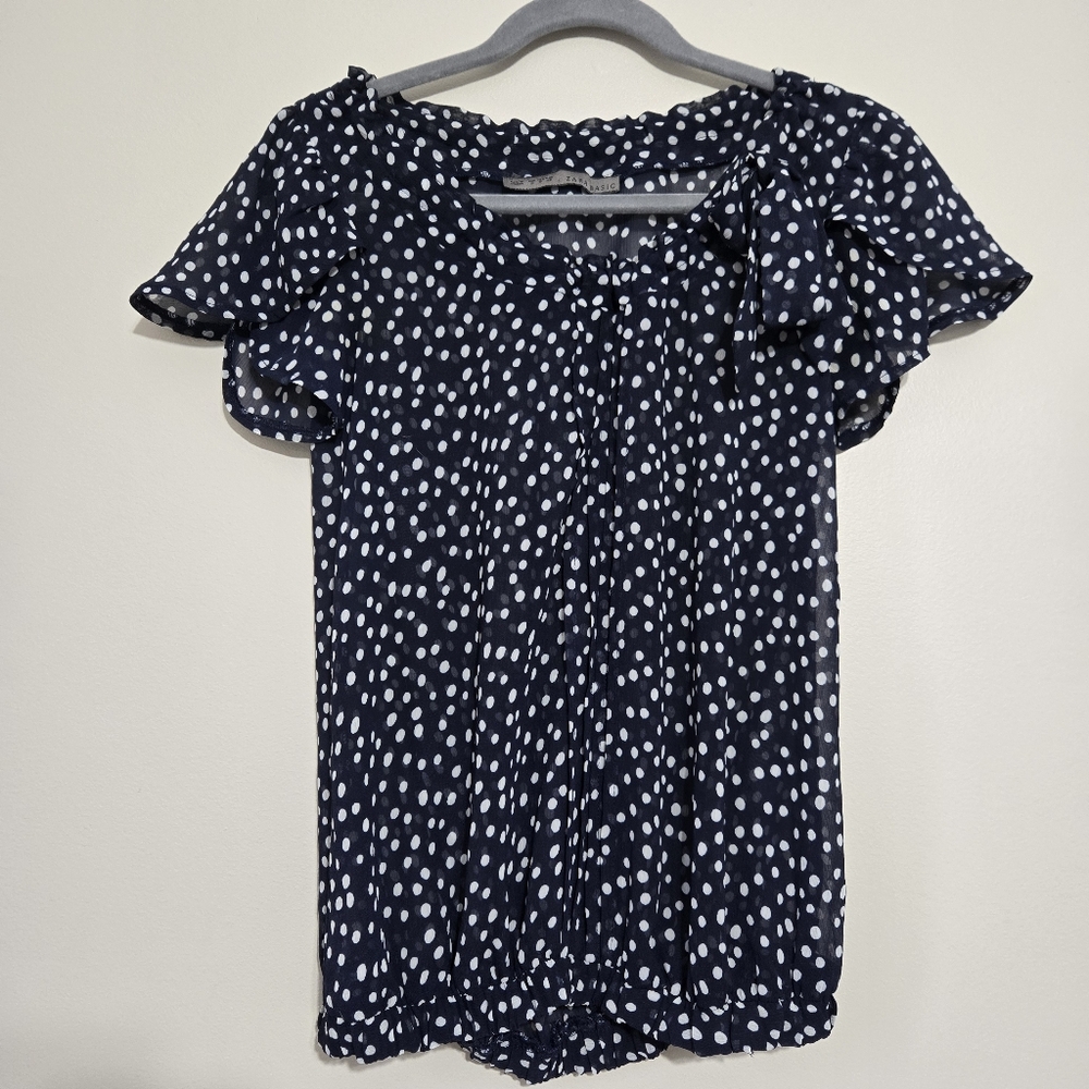 Y2K Zara Basic Dark Blue White Polka Dot Chiffon Seer Blouse S - Picture 2 of 9